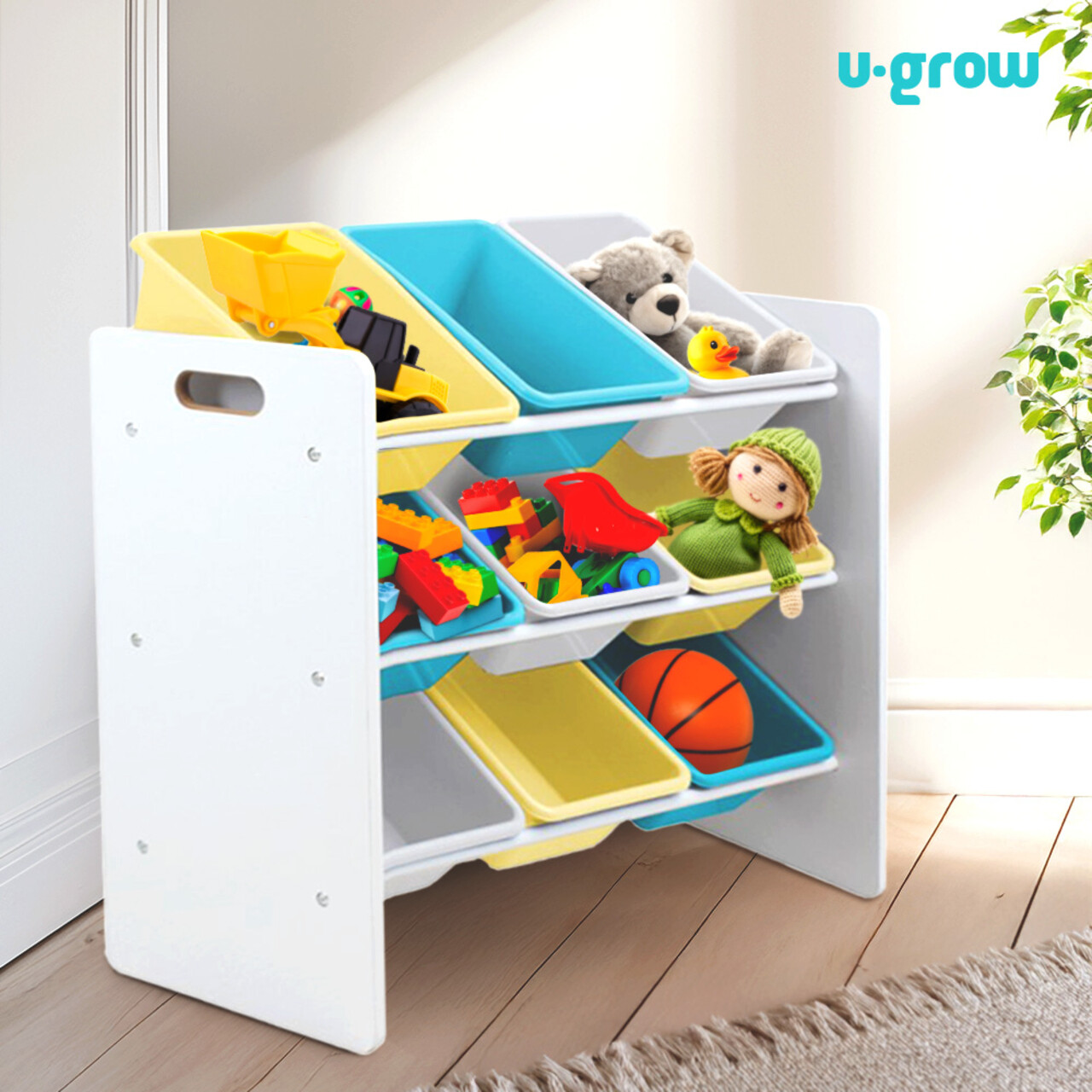 Organizator jucarii / mobilier camera copilului U-Grow, 63x30x60 cm, PAL/polipropilena, albastru/galben - imagine 3